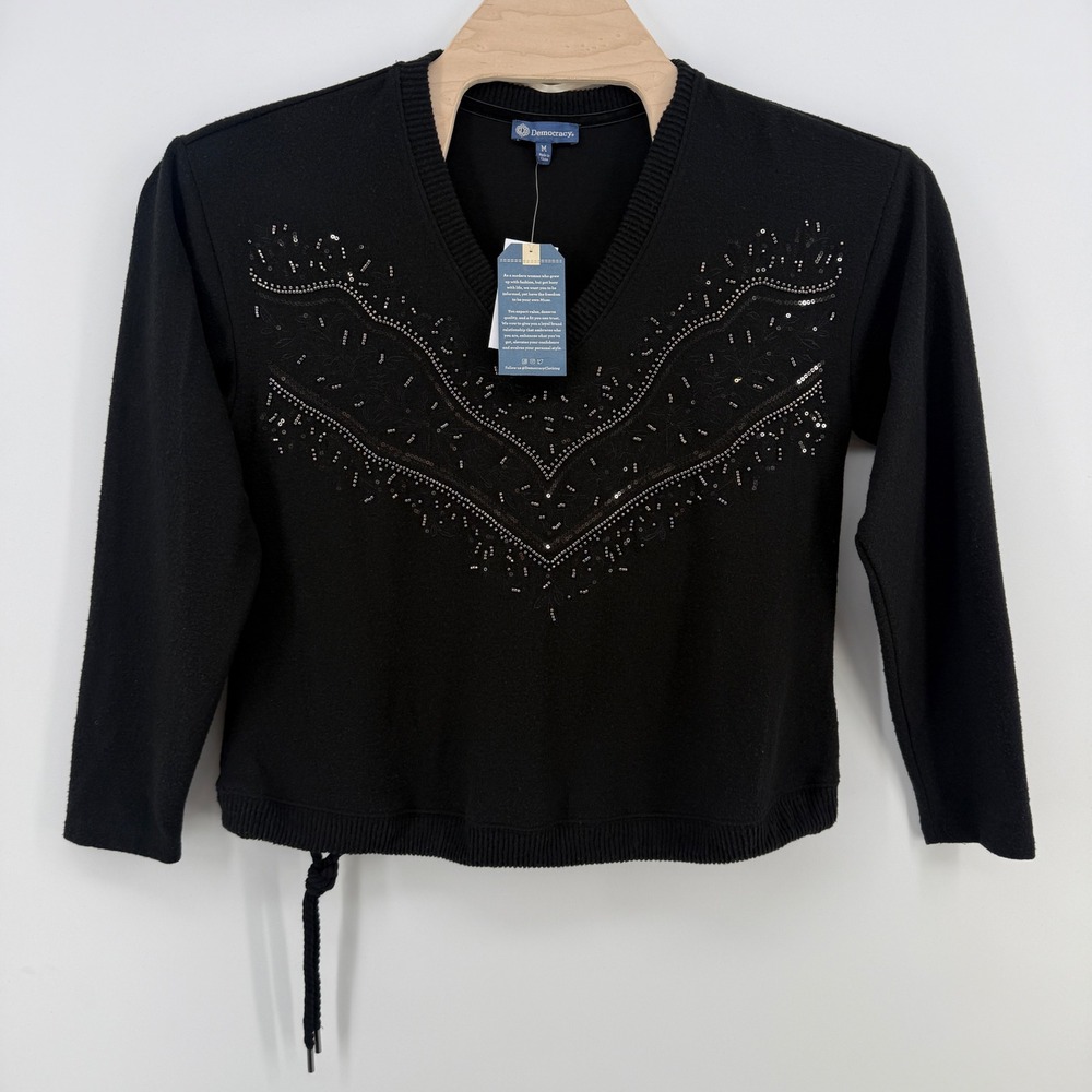 Democracy Womens Black Beaded V-Neck Knit Top Medium NWT